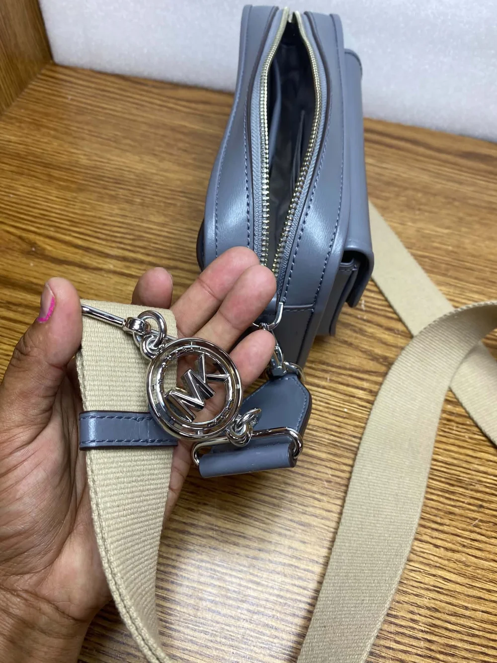 Michael Kors Grey Leather Crossbody Bag with Beige Strap